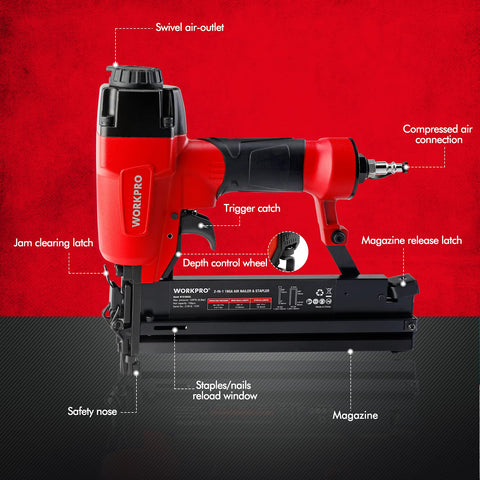 Depth adjustment wheel on WORKPRO nailer for controlled embedding