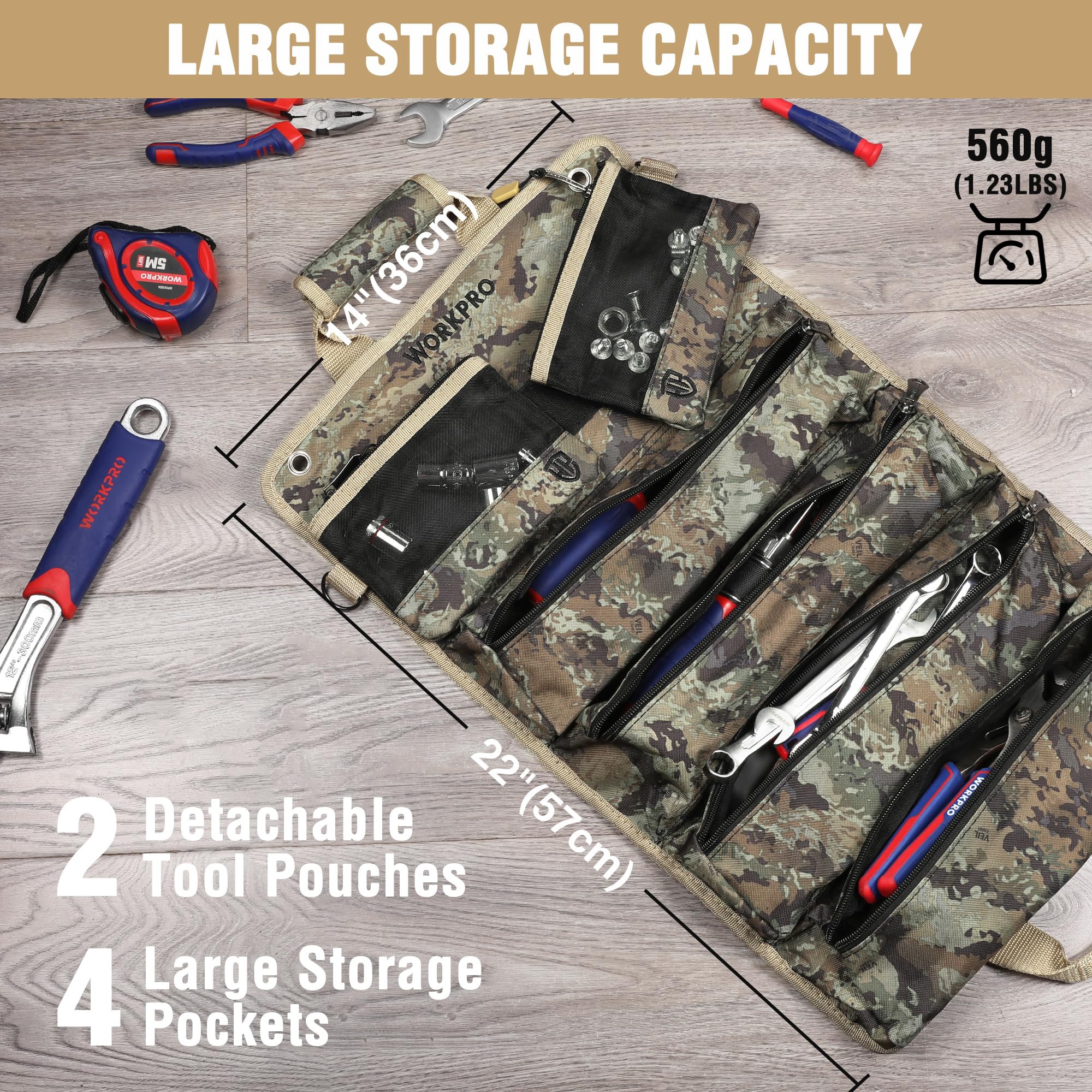 WORKPRO detachable pouches close up for small parts storage
