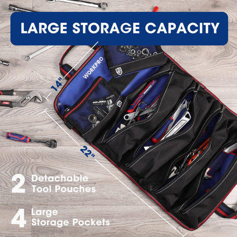 WORKPRO detachable tool pouches open for small parts and bits.