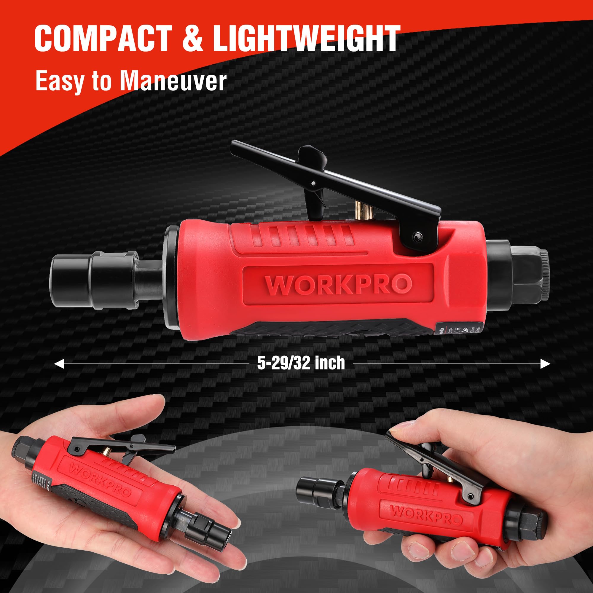WORKPRO die grinder with one-eighth-inch collet for extended bit options.