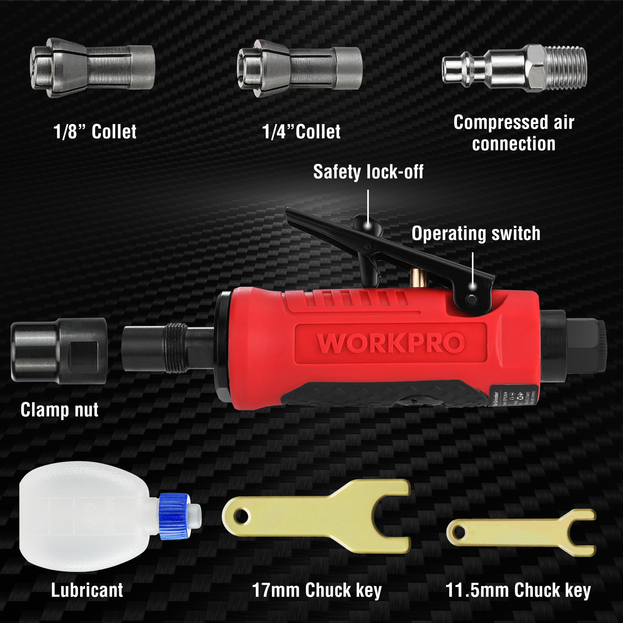 WORKPRO die grinder with one-fourth-inch collet for broad accessory compatibility.