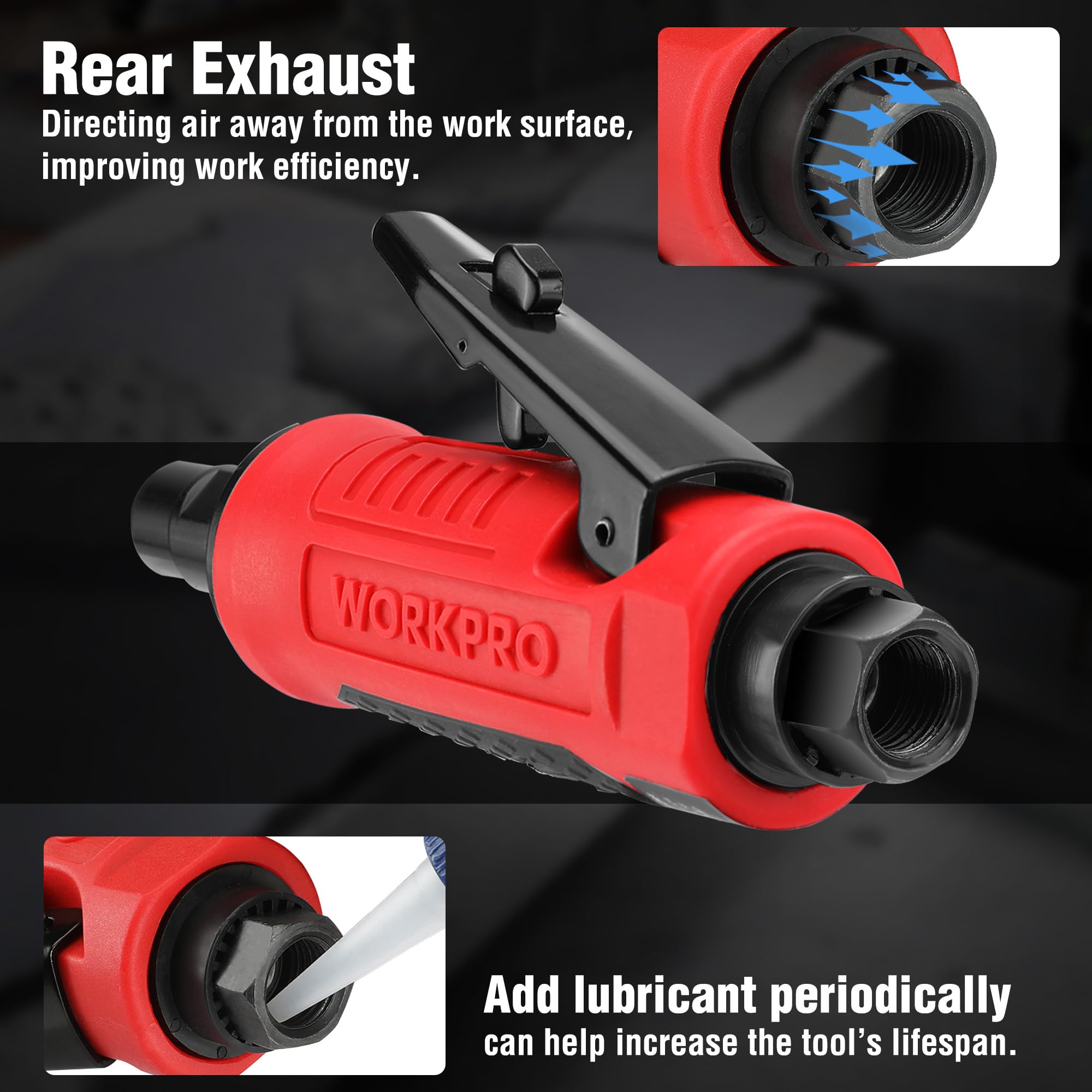 WORKPRO die grinder rear-exhaust design directs airflow away from the operator.