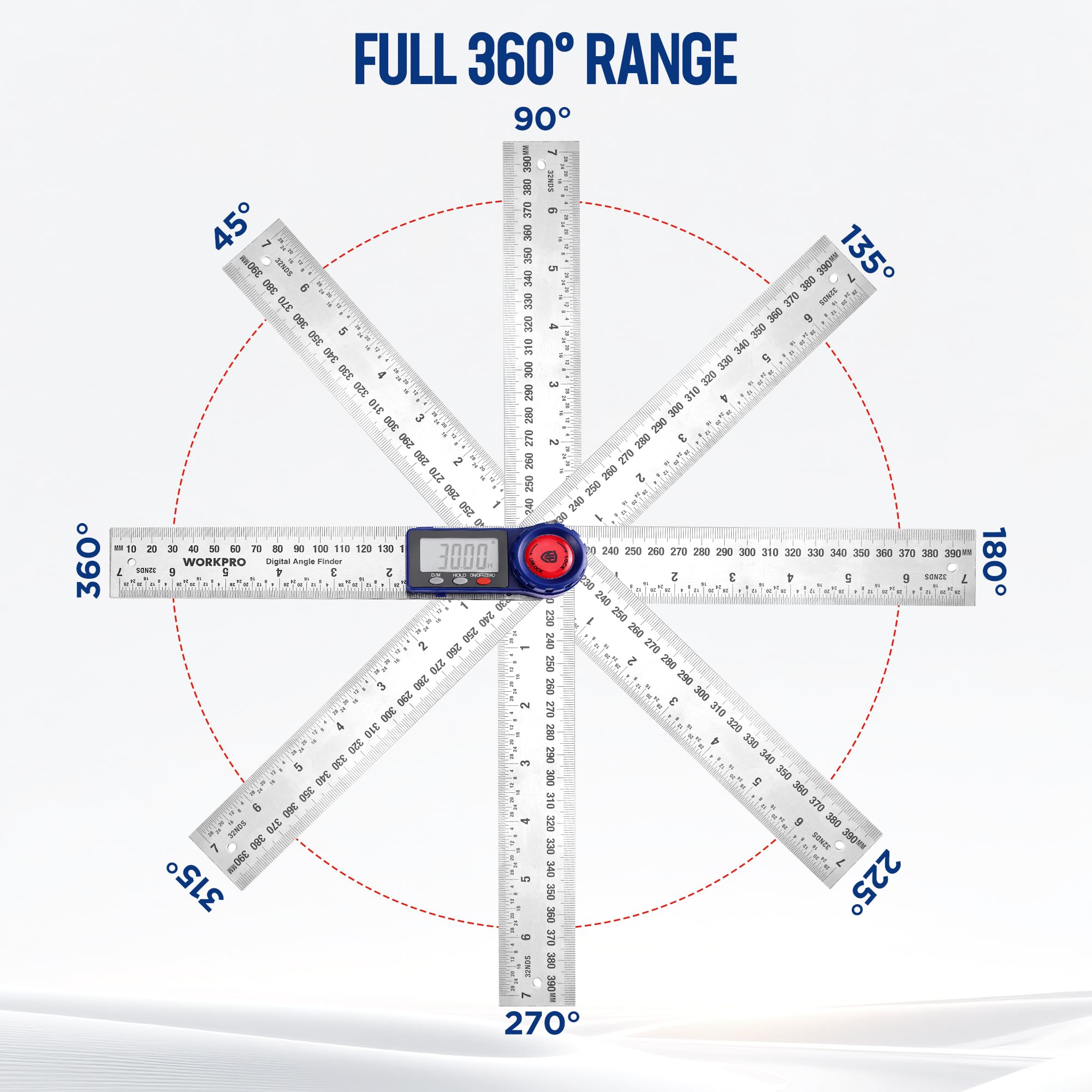 WORKPRO digital angle finder showing 360-degree measurement for inside and outside angles
