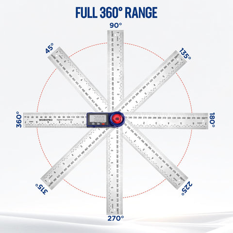WORKPRO digital angle finder showing 360-degree measurement for inside and outside angles
