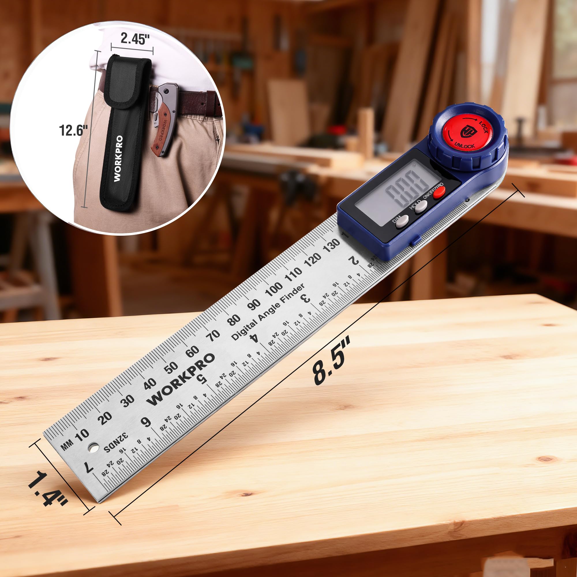 WORKPRO digital angle finder unit switch for decimal degrees and degrees-minutes