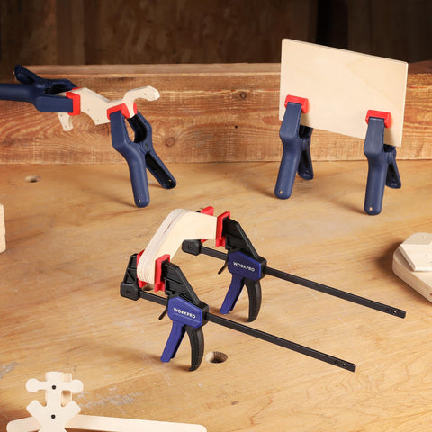 WorkPRO woodworking setup shows stacked clamps ready for a DIY build