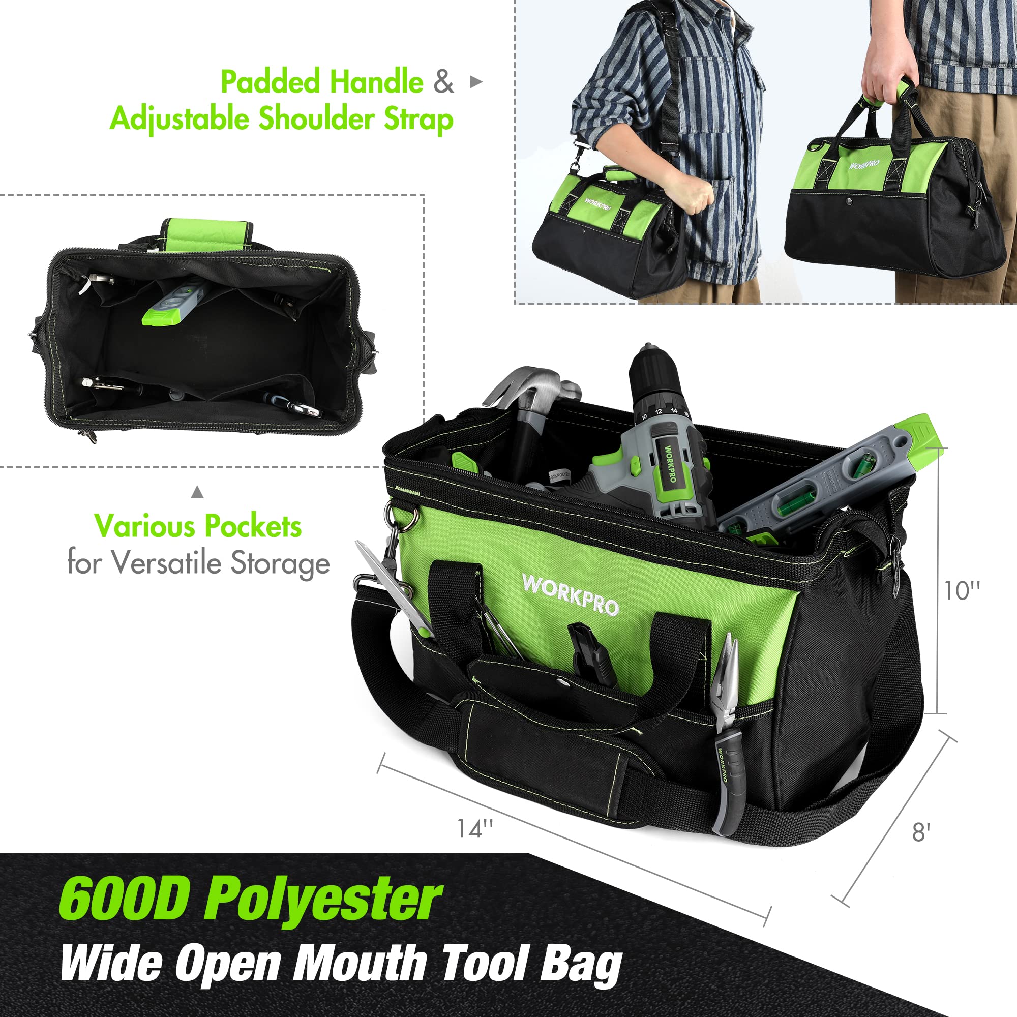 WorkPro drill bits, hammer, and adjustable wrench included.
