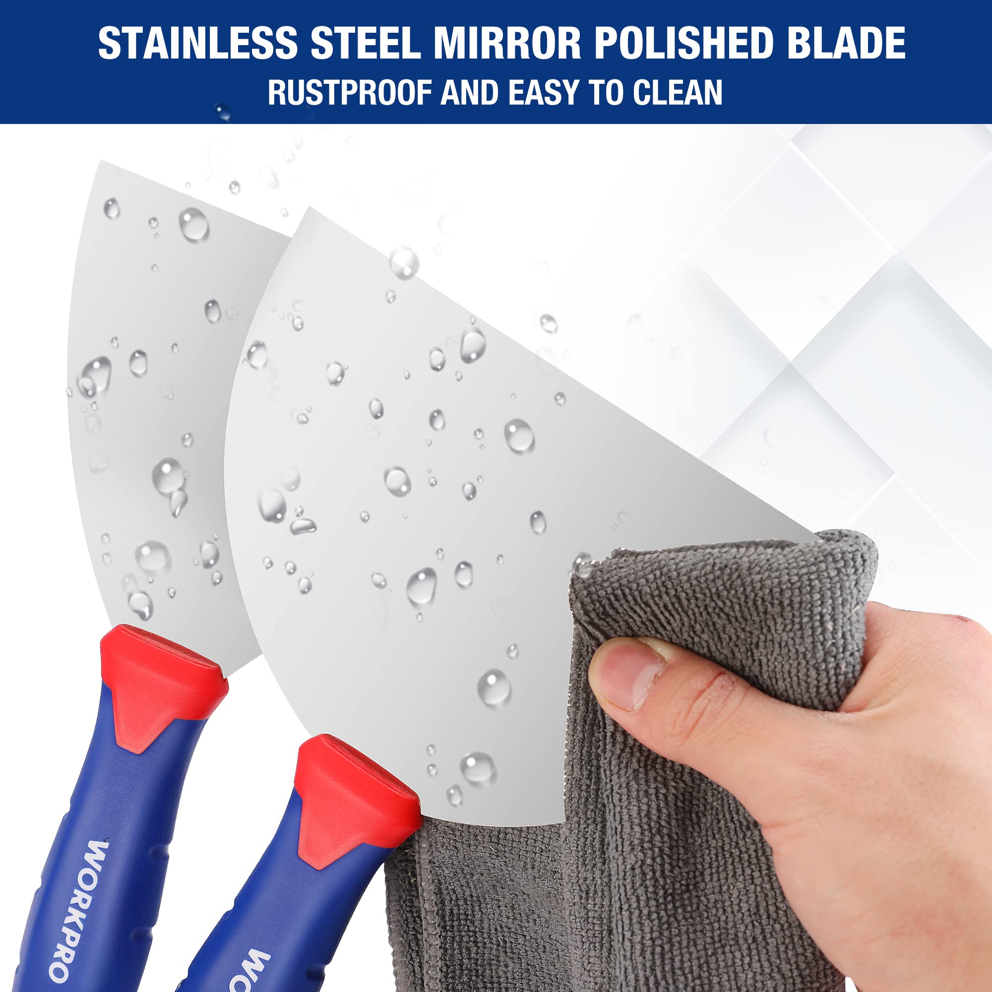 WORKPRO drywall knife set with a 12-inch blade for fast coverage.