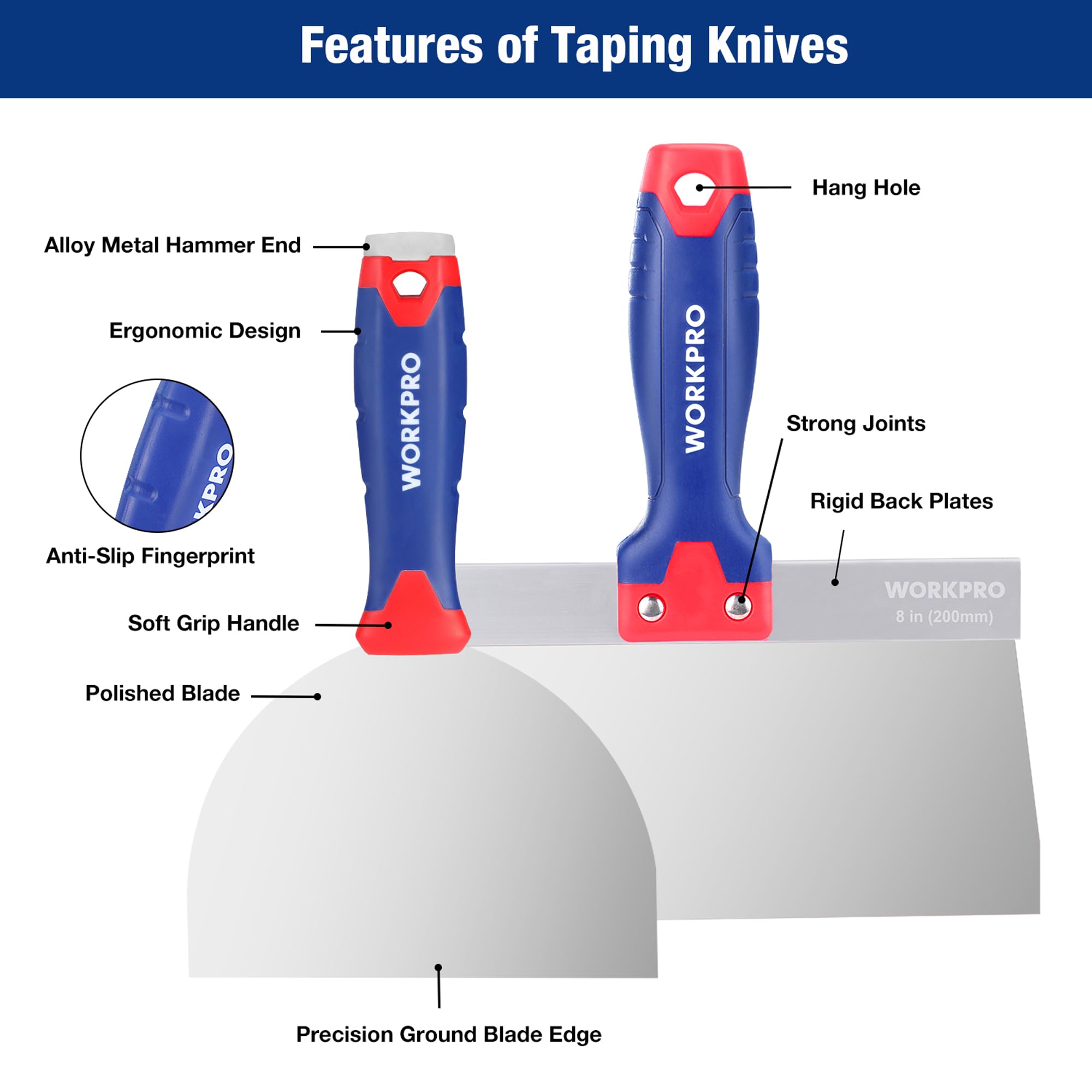 WORKPRO drywall knife set with an 8-inch blade for smooth finishing.