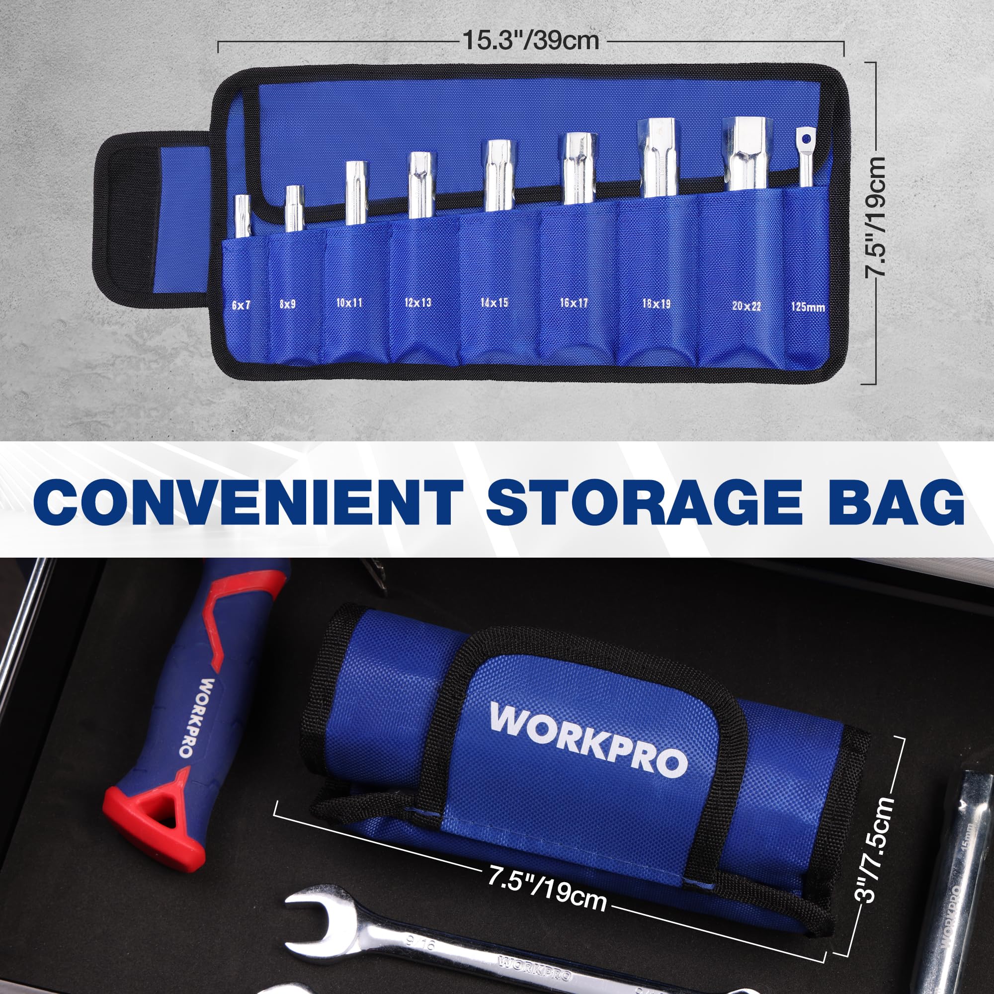 Workpro dual-head socket wrench offers two sizes in one tool