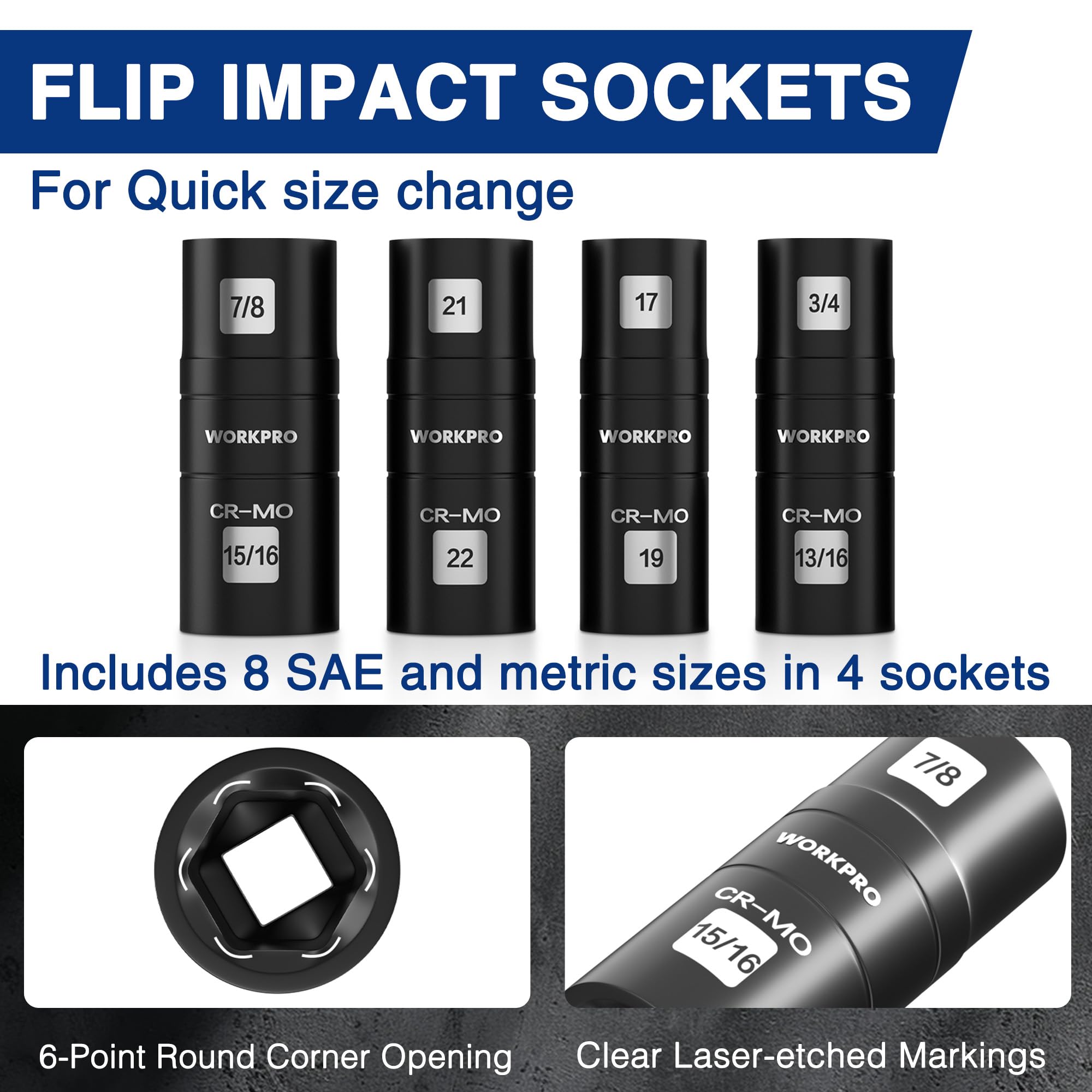 WORKPRO dual-head sockets enable quick size swaps, saving time.