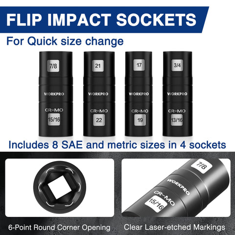 WORKPRO dual-head sockets enable quick size swaps, saving time.