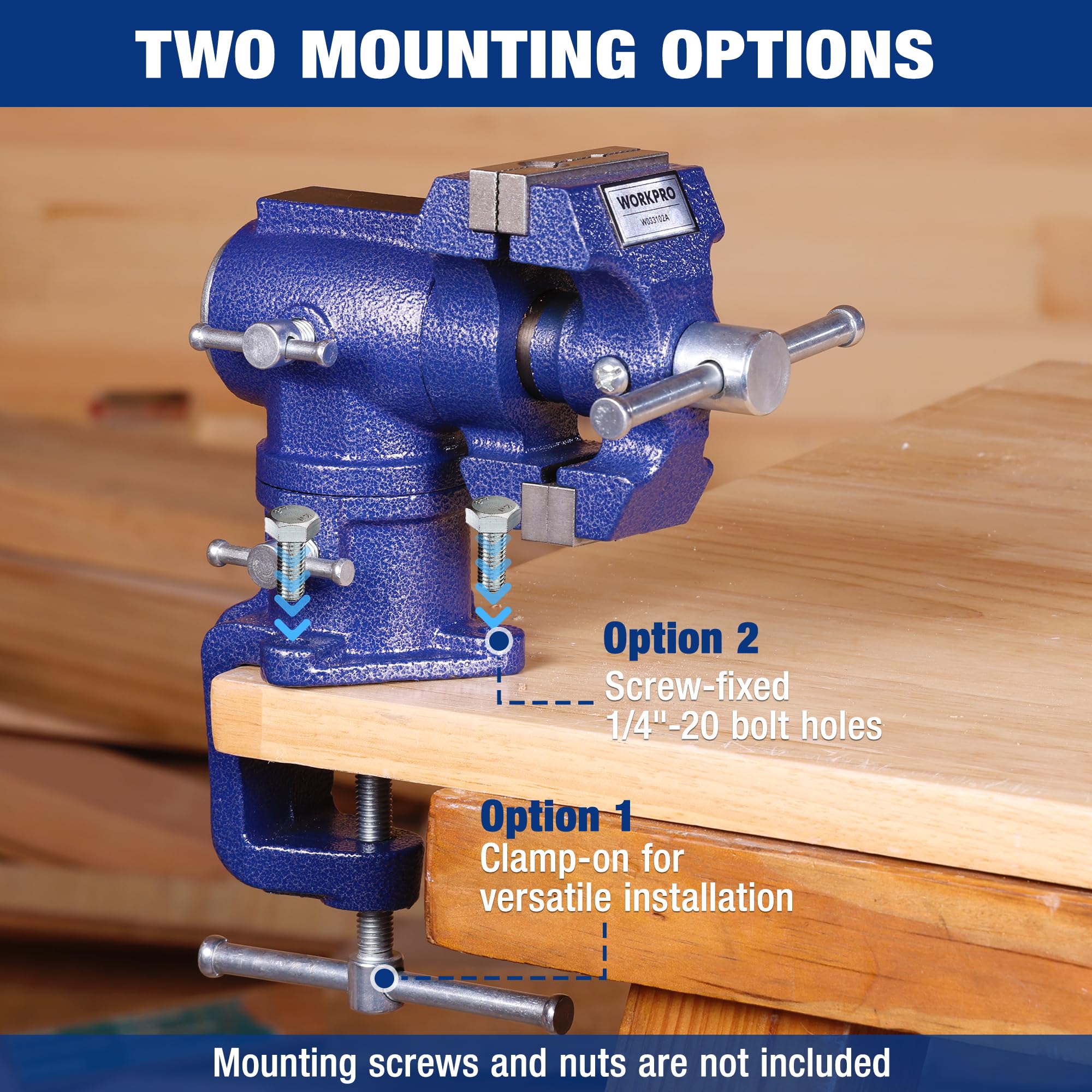WORKPRO Dual Jaws Table Vise 360-degree swivel for flexible access