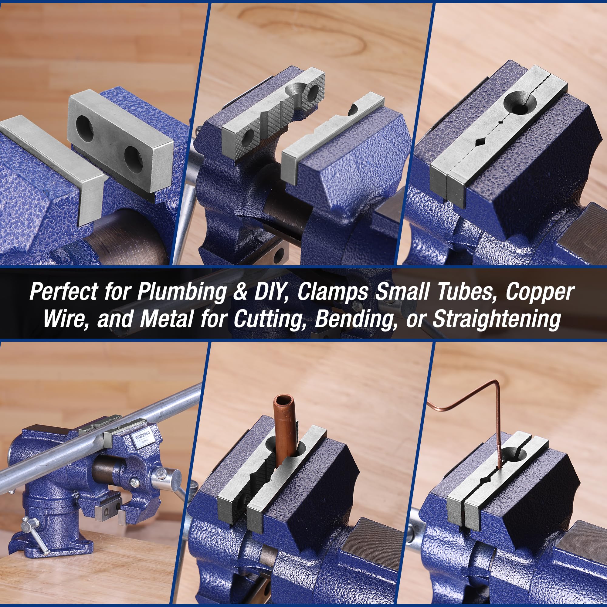 WORKPRO Dual Jaws Table Vise clamp-on base enables fast setup