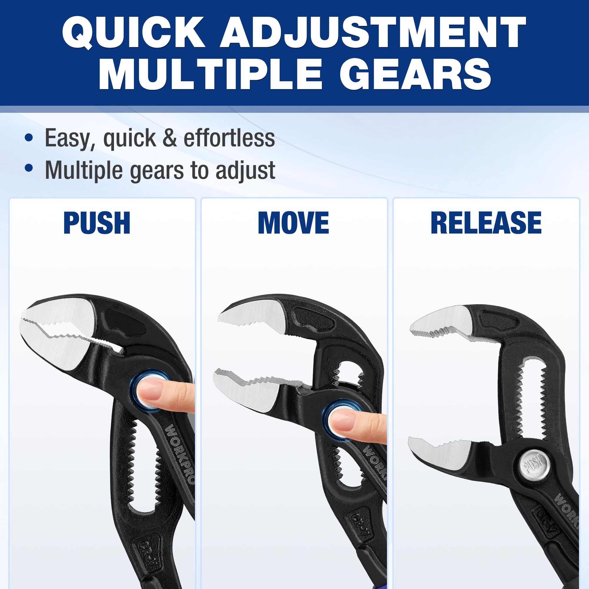 WORKPRO Dual serrated jaws grip materials firmly under torque.