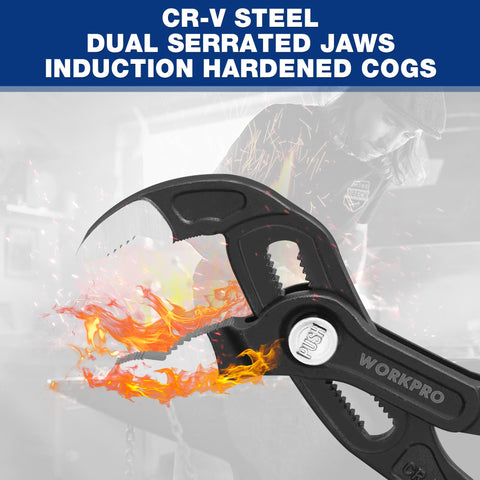 WORKPRO dual serrated jaws gripping round and flat surfaces securely