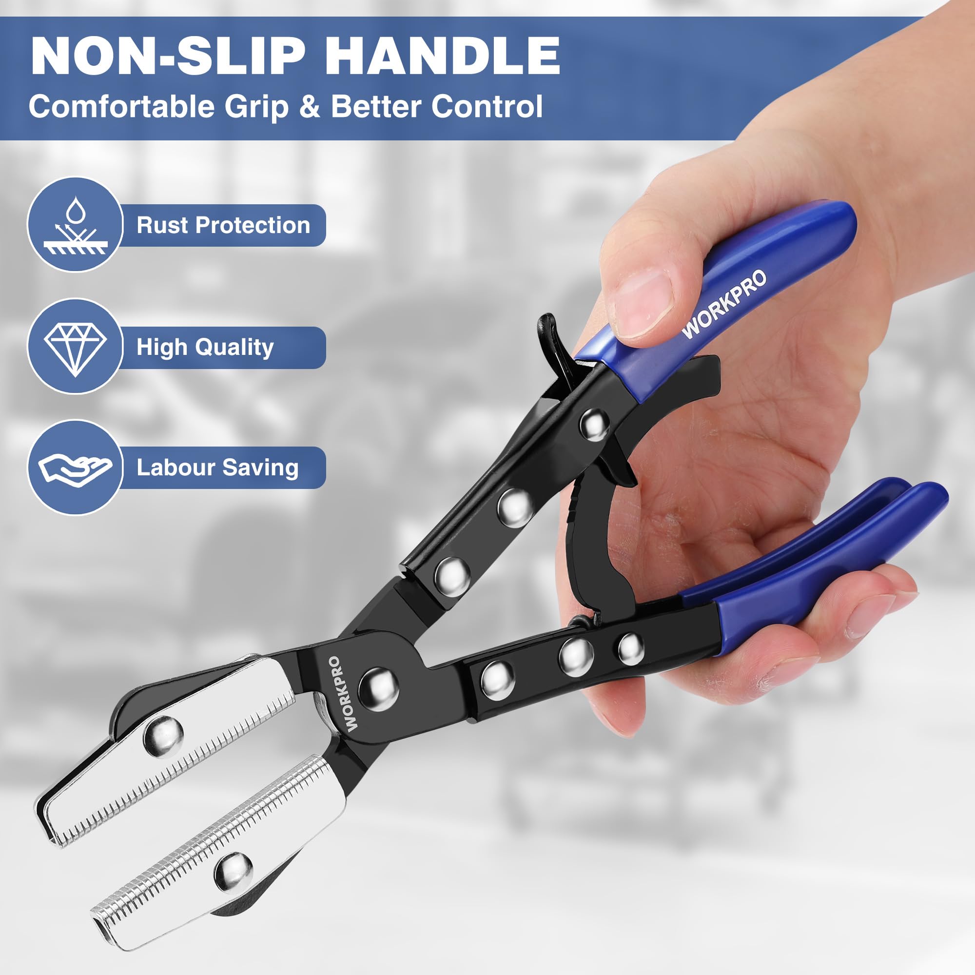 WORKPRO ergonomic handle pliers reduce hand fatigue while securing hoses.