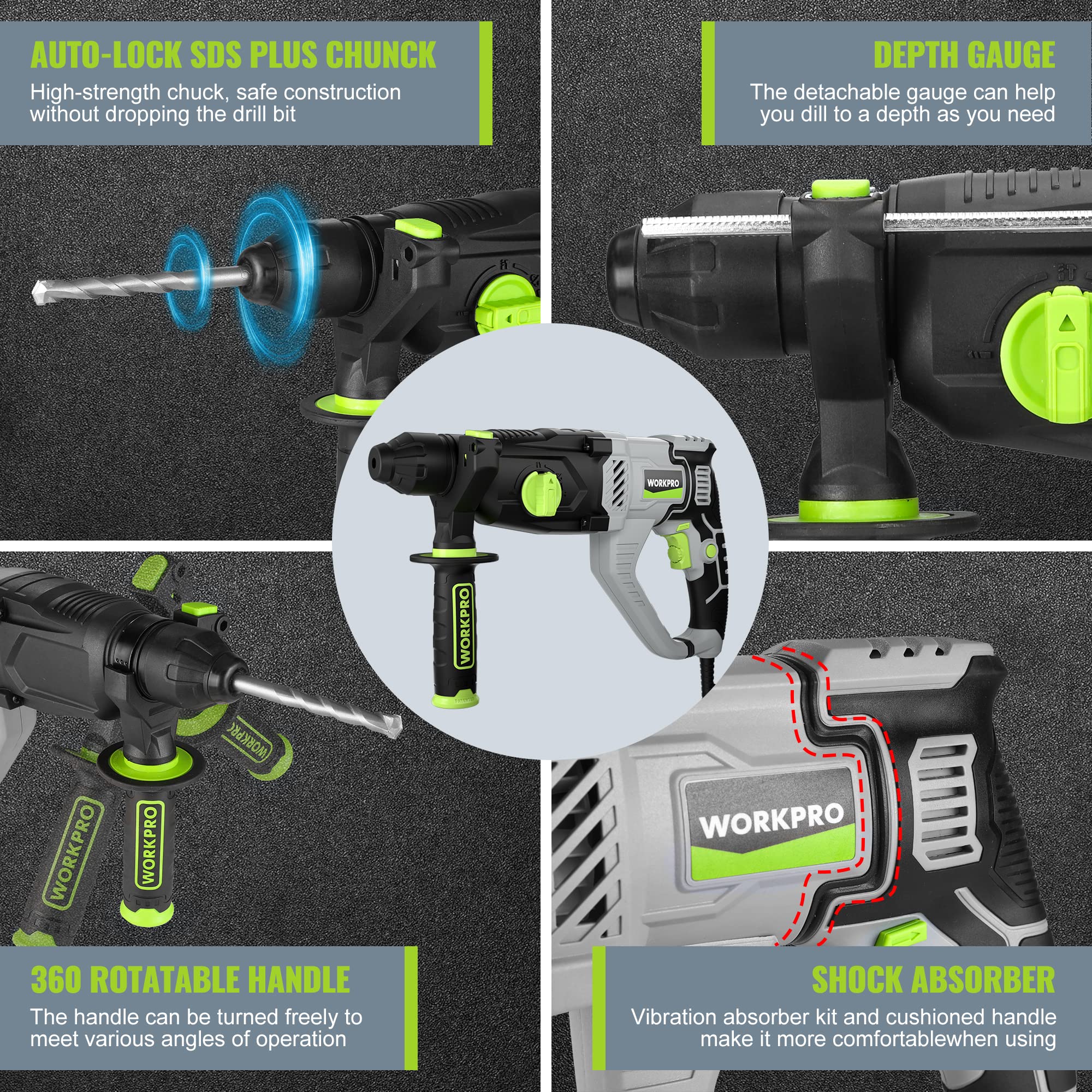 WORKPRO dust collector system keeps worksite cleaner during chiseling.