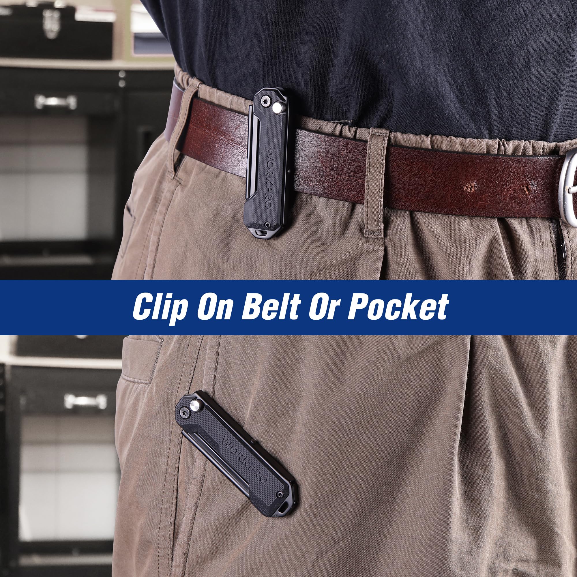 WORKPRO lightweight knife weighing 2.0 oz for comfortable everyday use.