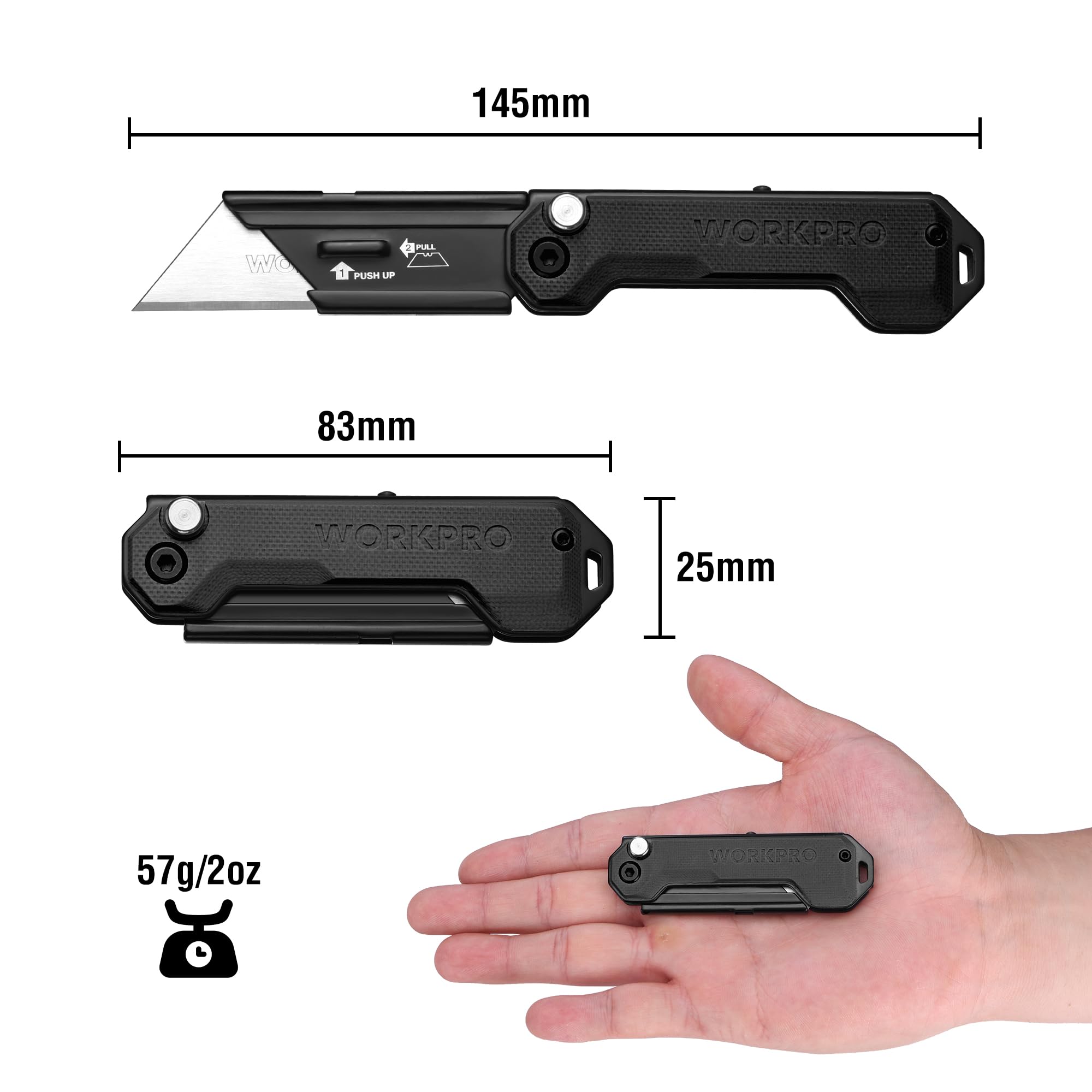 WORKPRO EDC knife showing Quick Open Axis Lock for fast access.