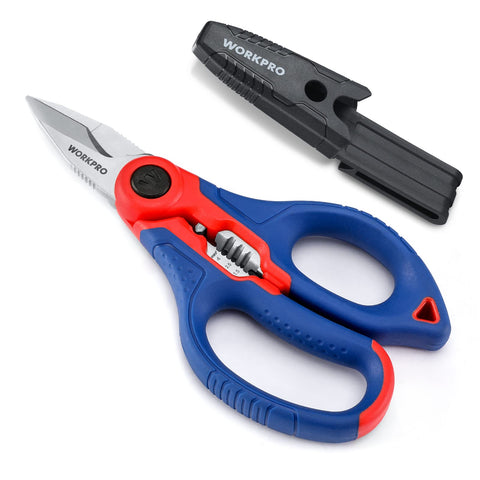 WORKPRO electricians scissors blade close-up highlighting sharp stainless blades for precise cuts