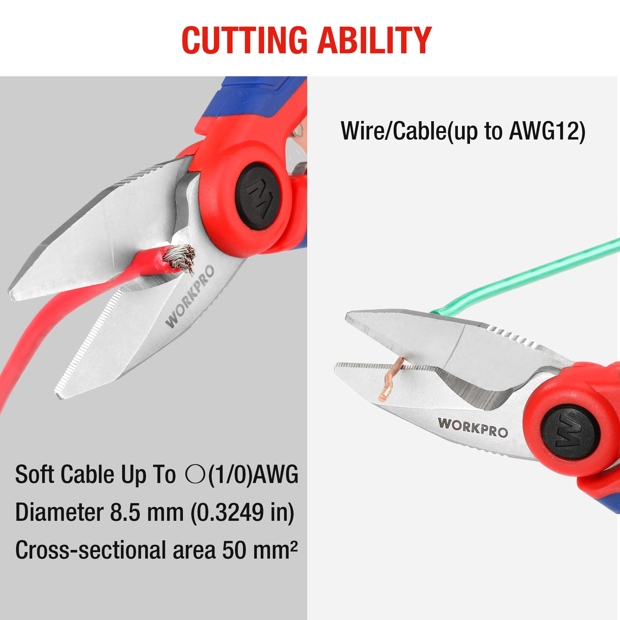 WORKPRO electricians scissors wire-stripper feature in action