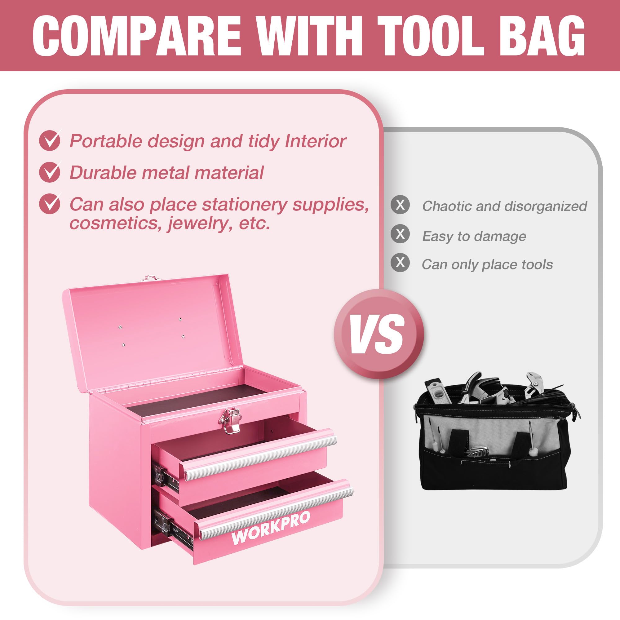 WORKPRO tool box with ergonomic handle for comfortable carrying.