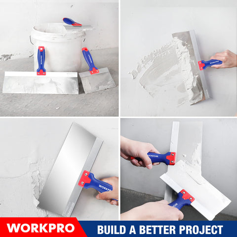 WORKPRO ergonomic putty knives with comfortable grip for long use.