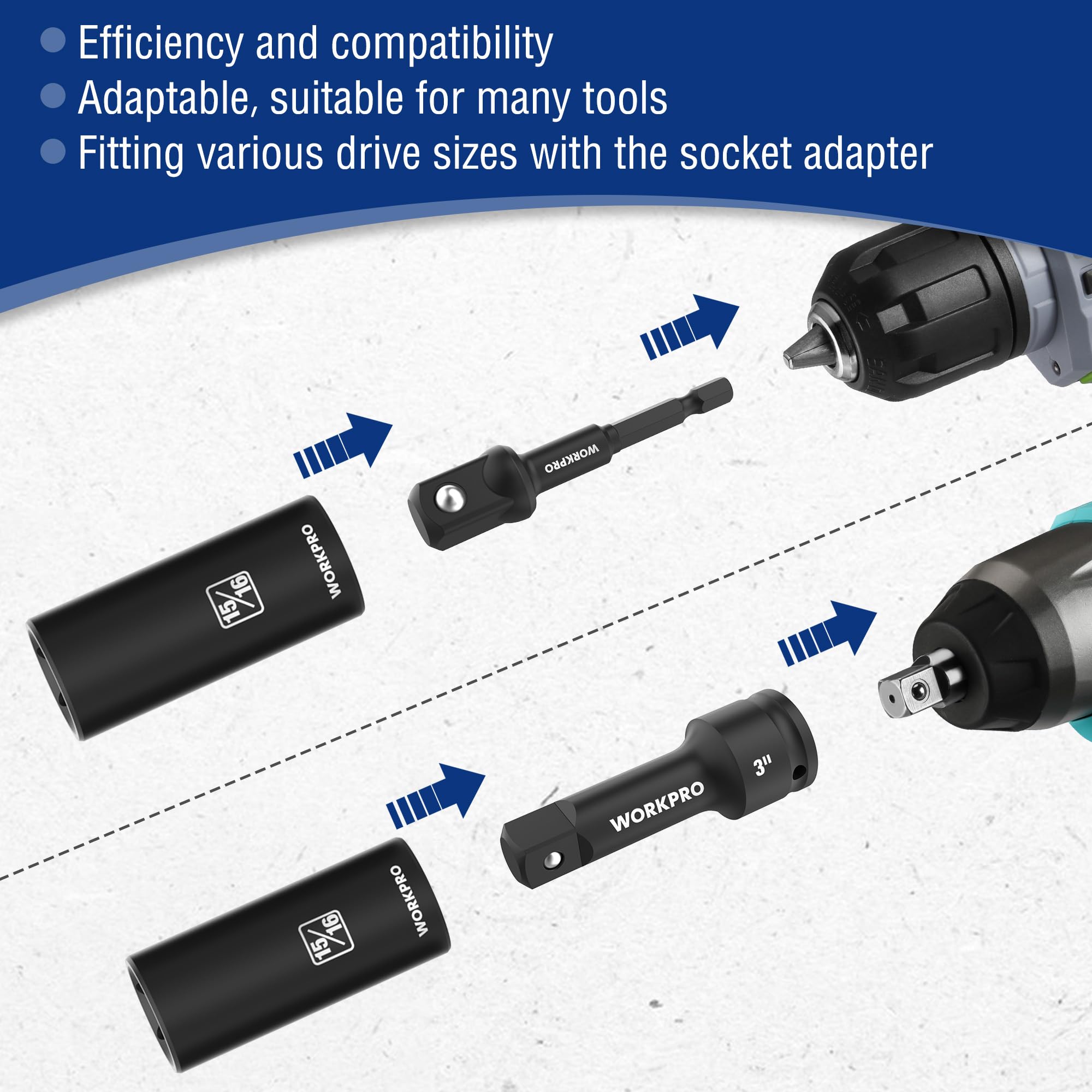 WorkPro extension bars reach tight spaces easily.