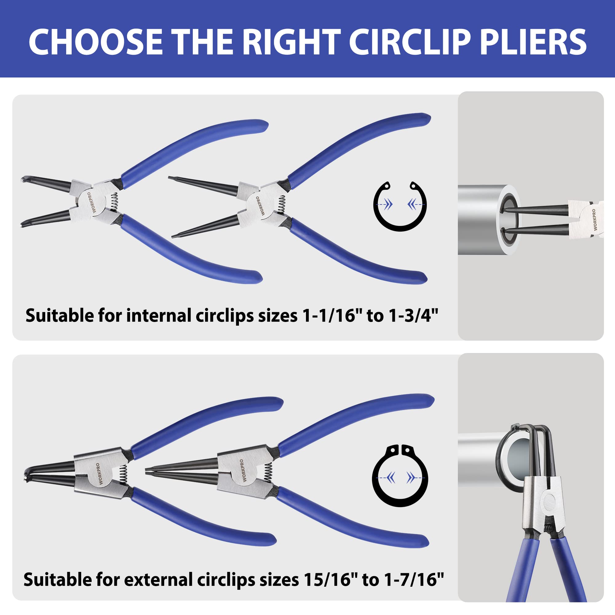 WORKPRO external 90-degree bent jaw pliers accessing restricted external rings.