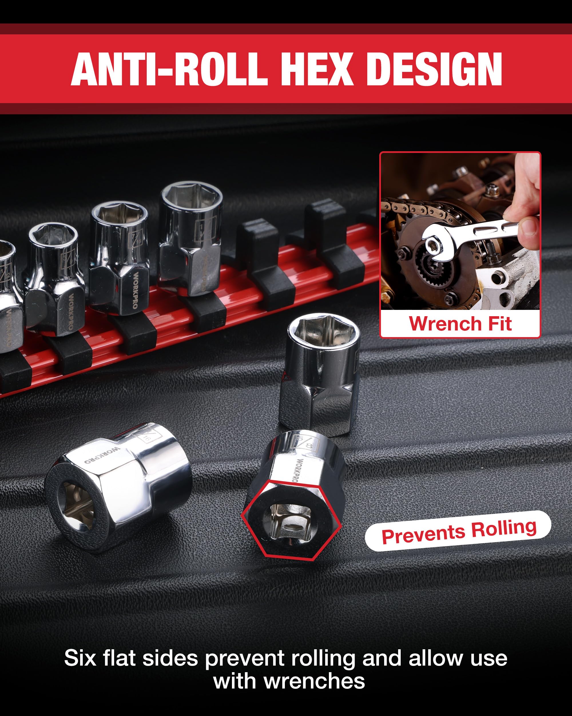 WORKPRO external hex sockets with anti-slip grip for secure tightening