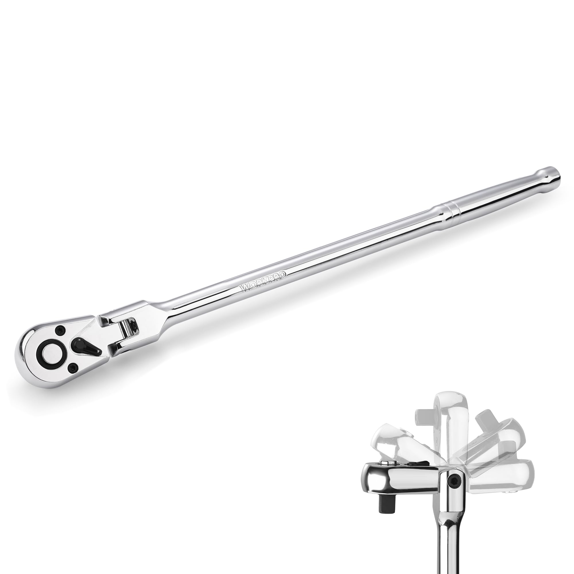 WORKPRO extra-long ratchet handle offers extended reach for tight spaces and leverage.