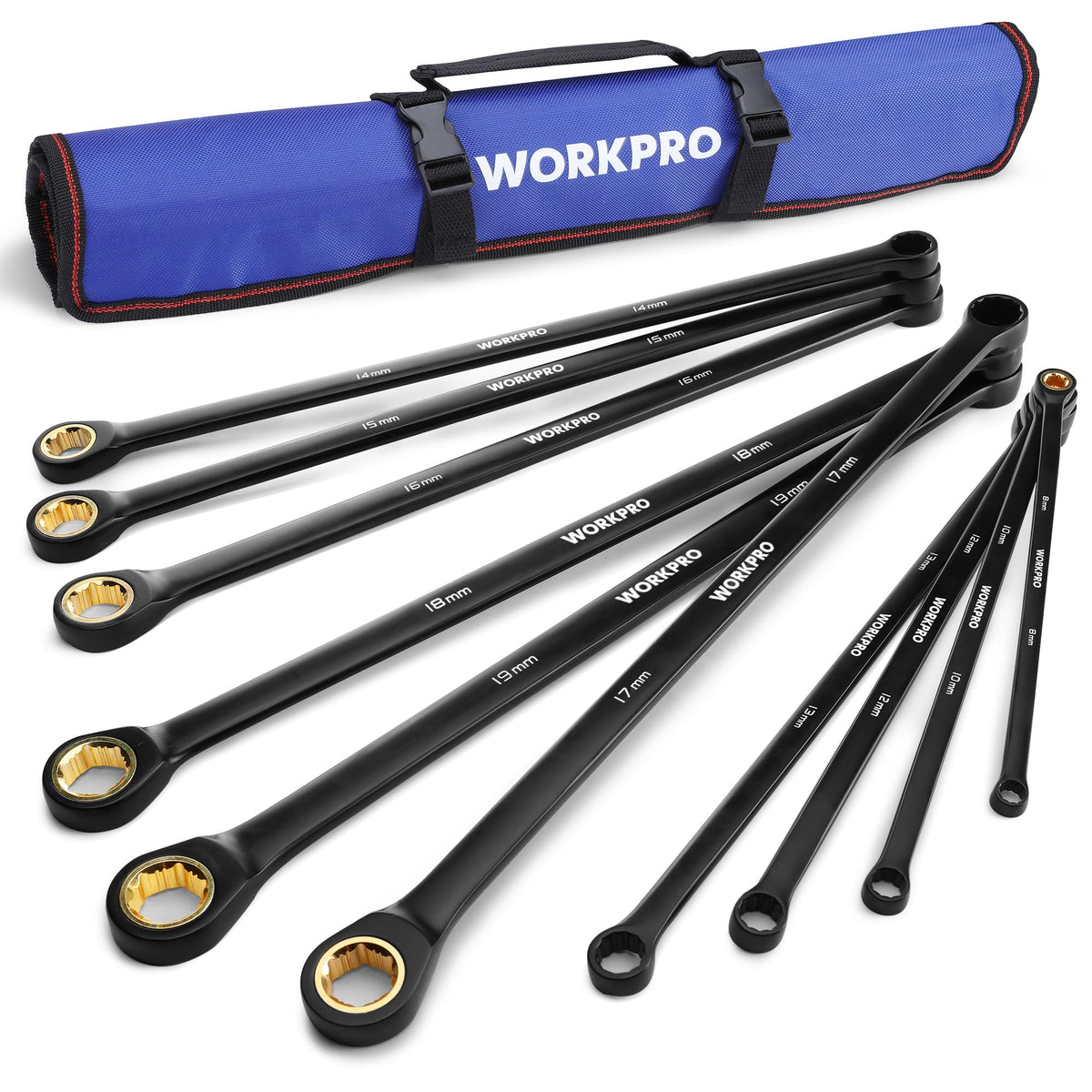 WORKPRO extra-long ratcheting wrench set in 8-19 mm range for automotive upgrades