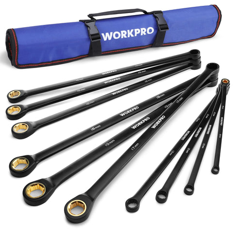 WORKPRO extra-long ratcheting wrench set in 8-19 mm range for automotive upgrades