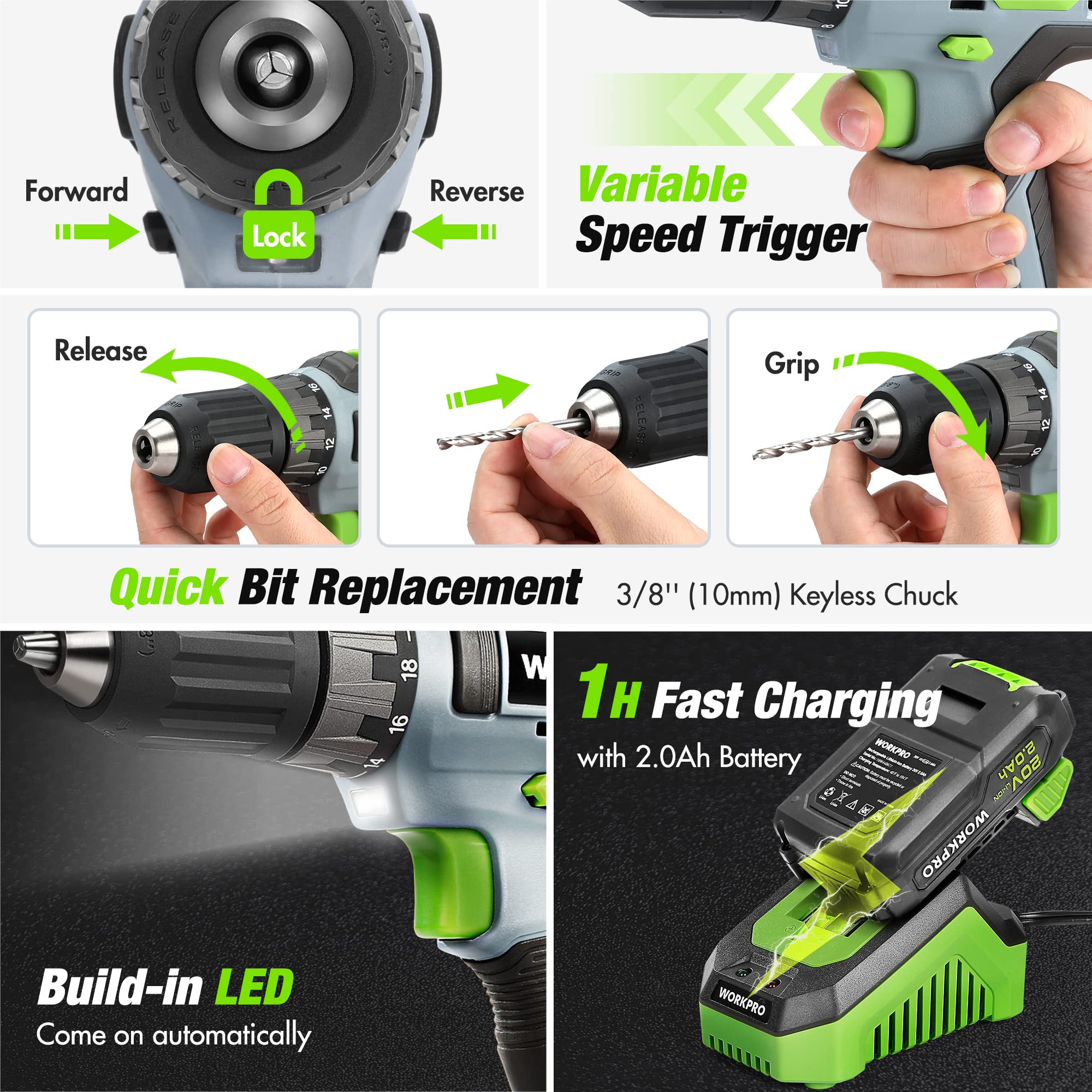 WorkPro fast charging feature speeds recharging between tasks.