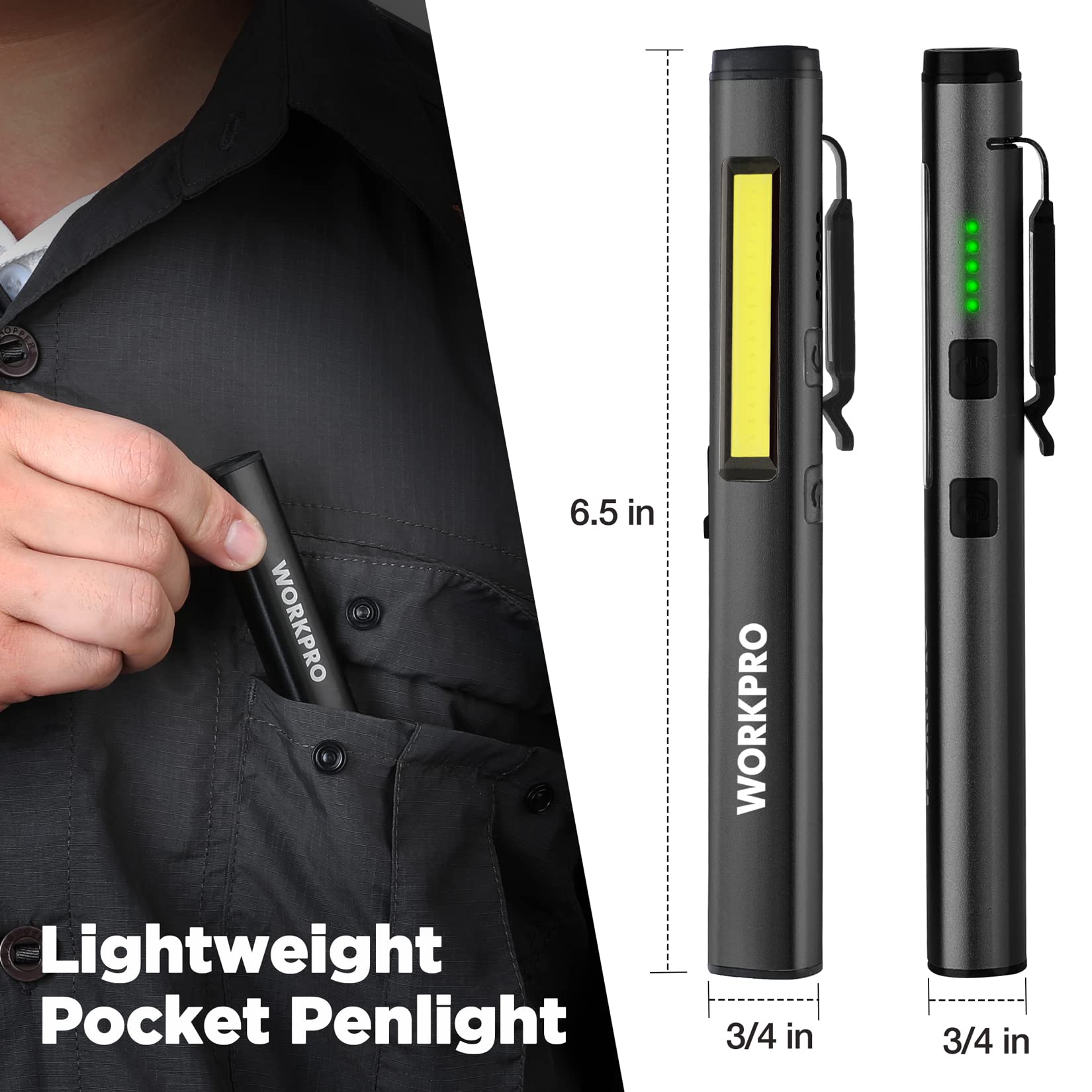 WORKPRO Flashlight Pen Light features magnetic rotatable clip for hands-free use