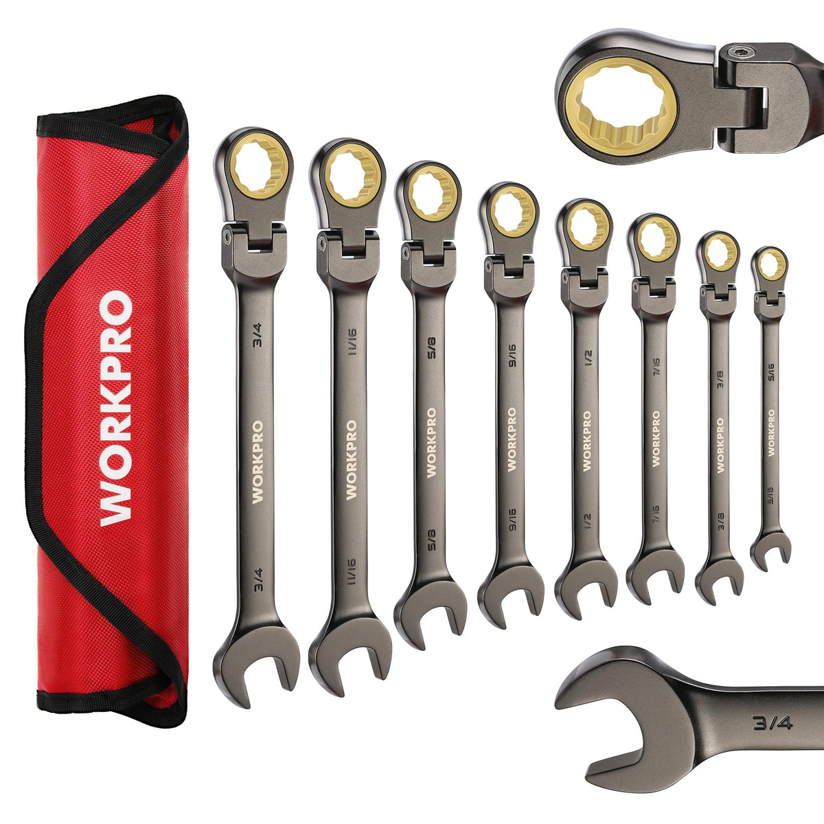 WORKPRO flex-head ratcheting wrench with 72-teeth gear for precise torque in tight spaces.