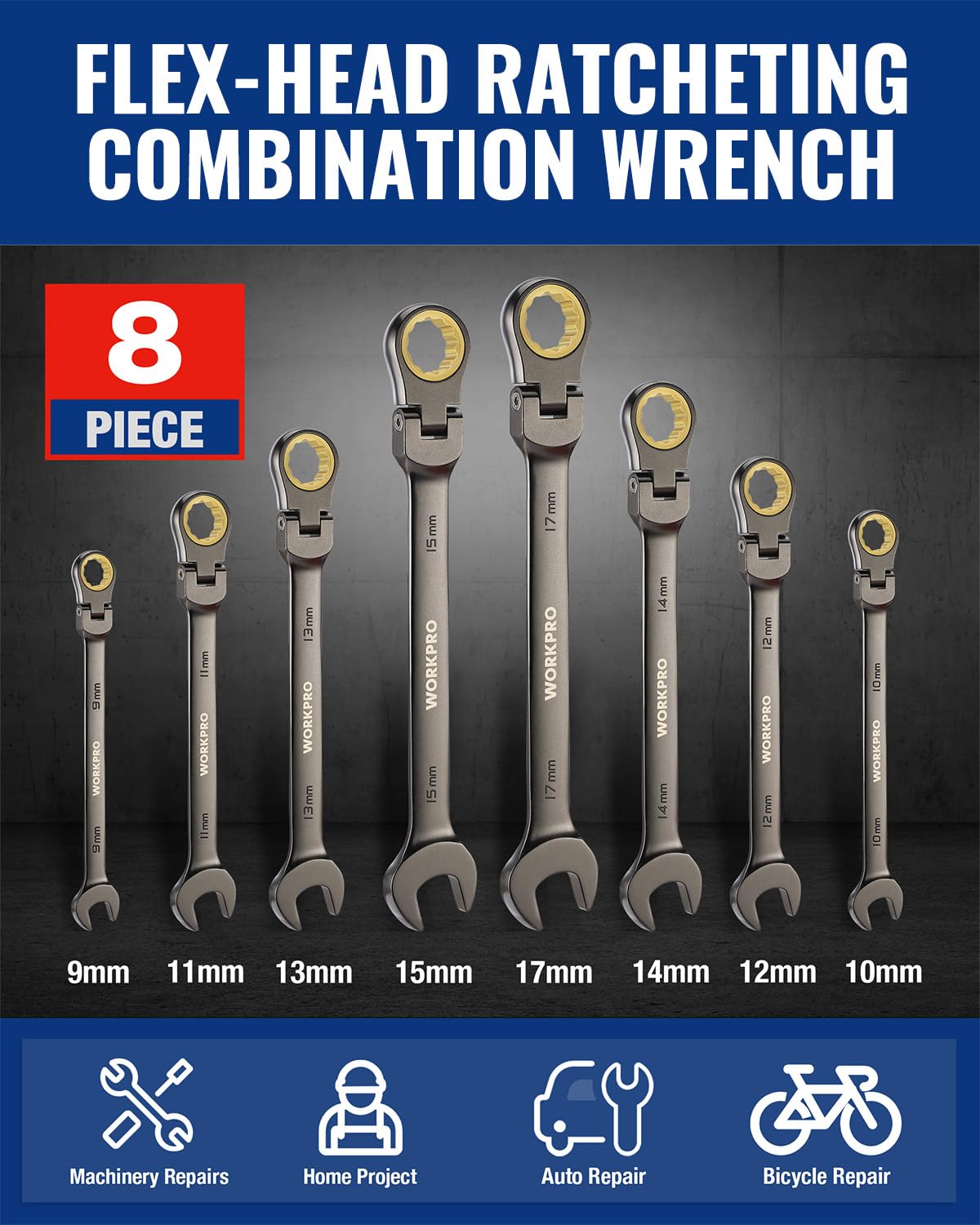 WORKPRO flex-head wrench demonstrates tight-space accessibility for easier maintenance