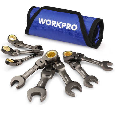 WORKPRO flex head stubby wrench shown with 180-degree rotation for tight space access