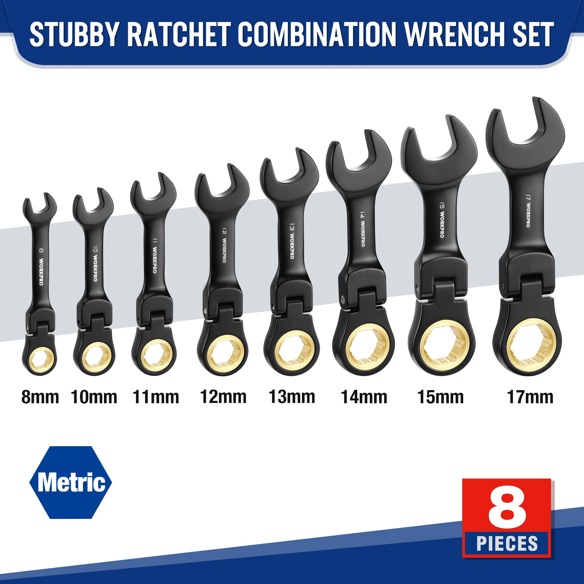 Flexible 180-degree head on a WORKPRO wrench reaching tight spots.