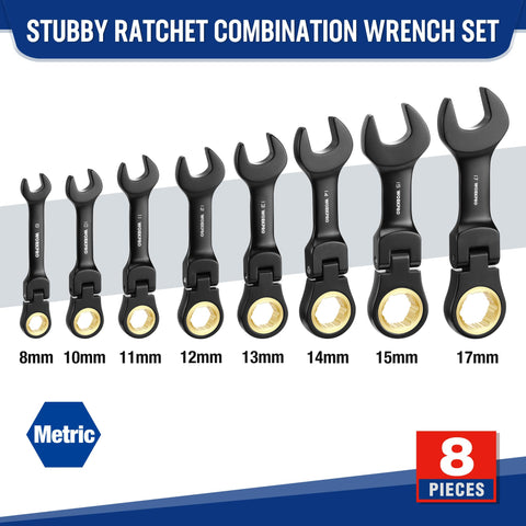 Flexible 180-degree head on a WORKPRO wrench reaching tight spots.