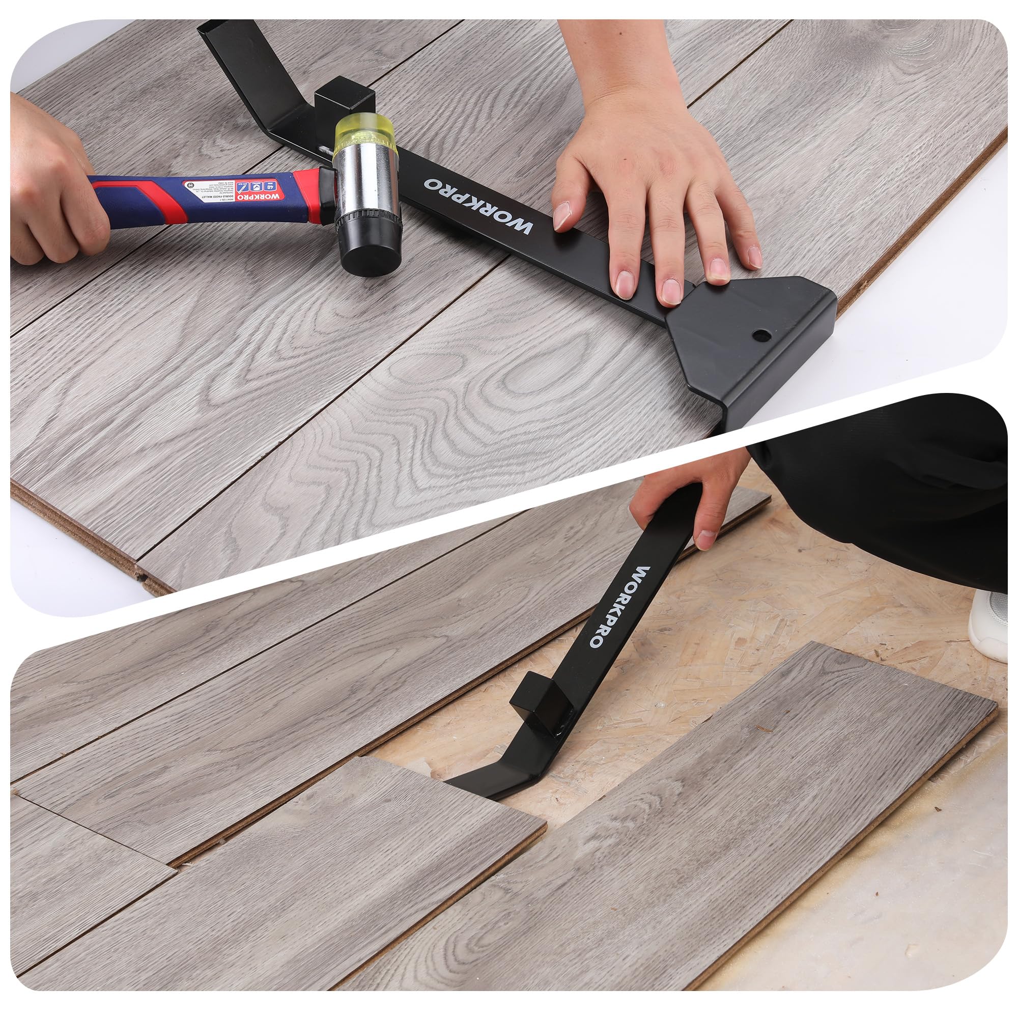 WORKPRO in-use flooring tool demonstrates versatility across laminate and vinyl