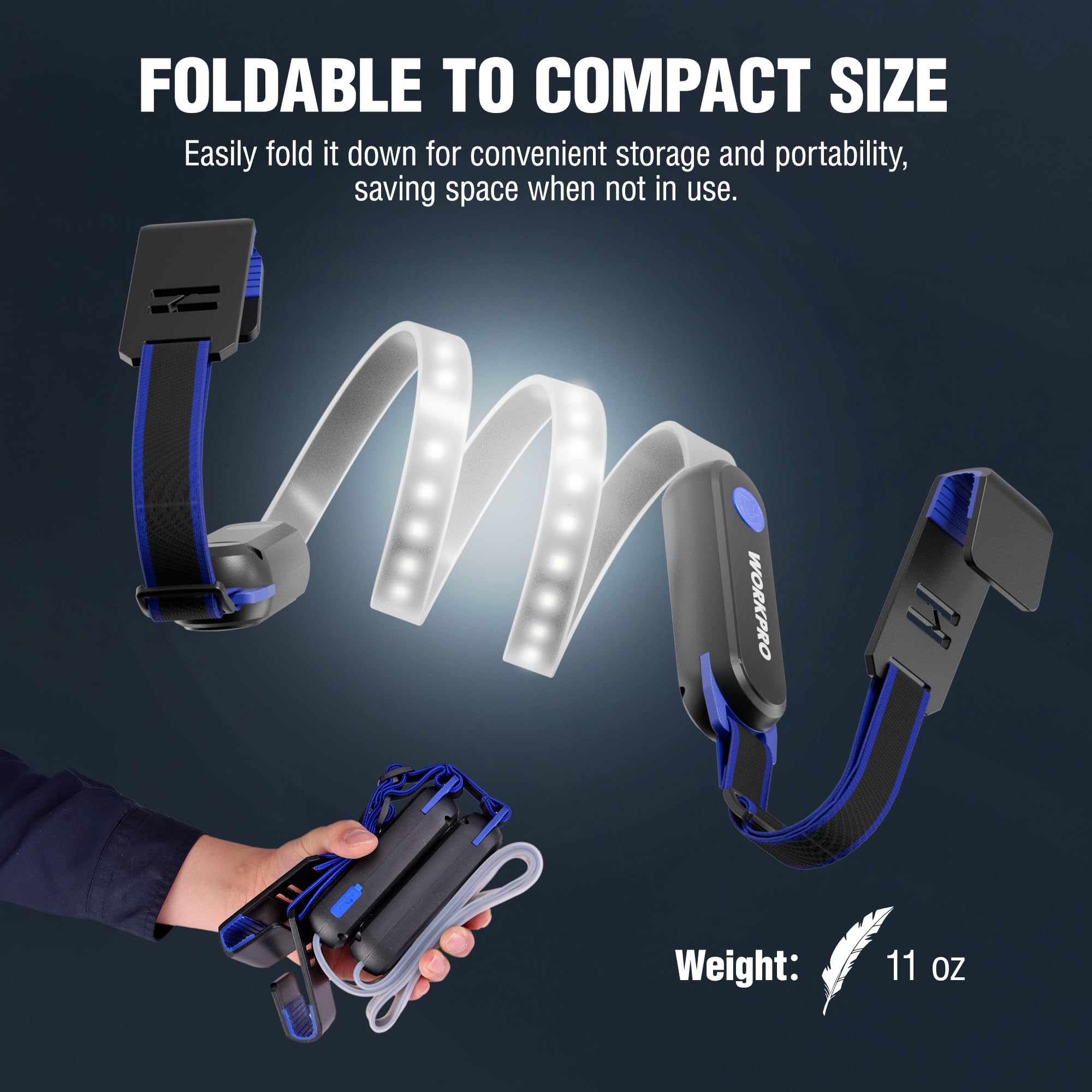 WORKPRO foldable light design stores compactly in trunks and toolboxes.