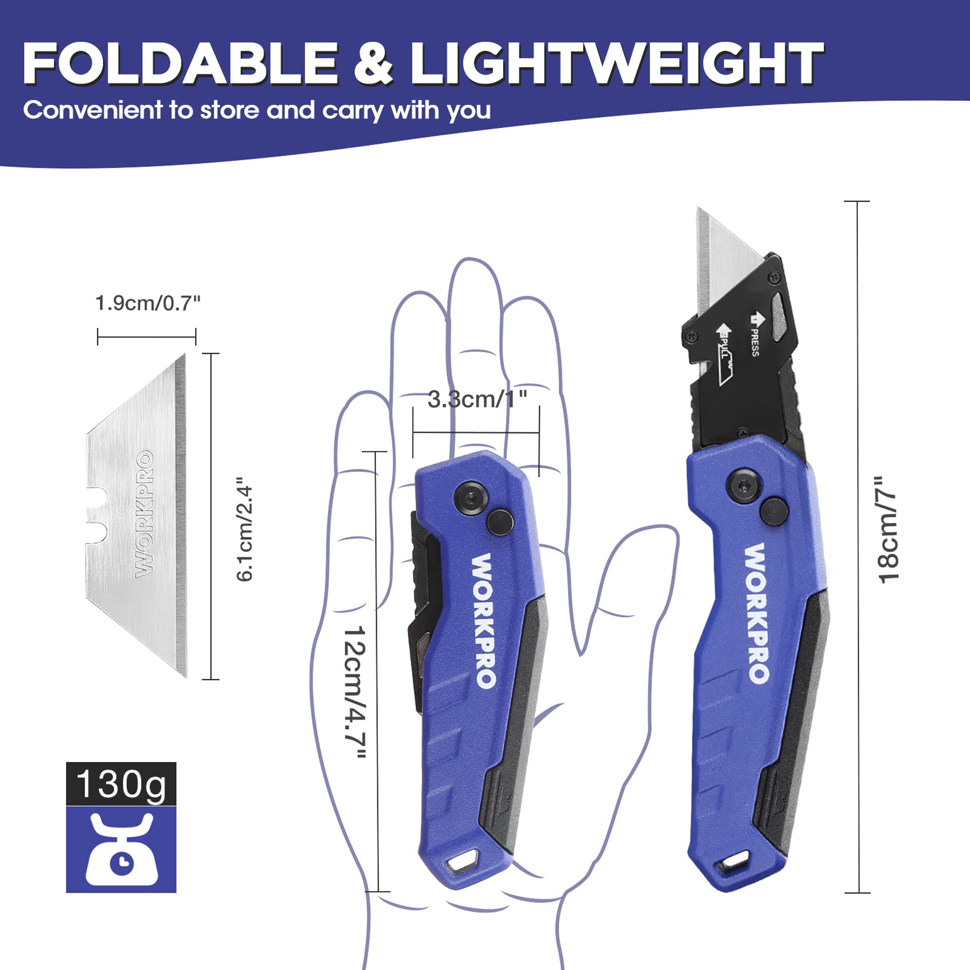 WORKPRO knife displays 13 SK5 blades for versatile cardboard, rope, and leather cuts.
