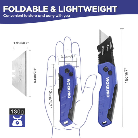 WORKPRO knife displays 13 SK5 blades for versatile cardboard, rope, and leather cuts.