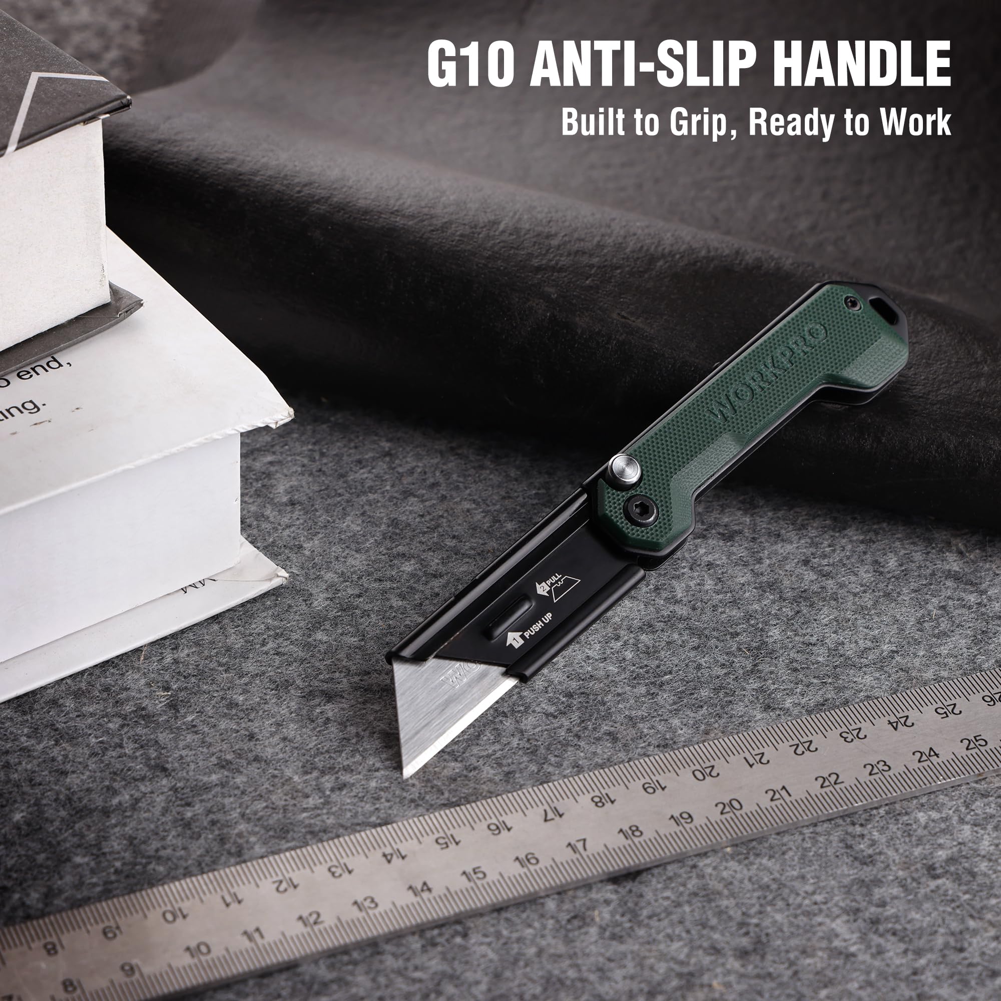 WORKPRO folding knife showing axis lock for safe one-handed operation.