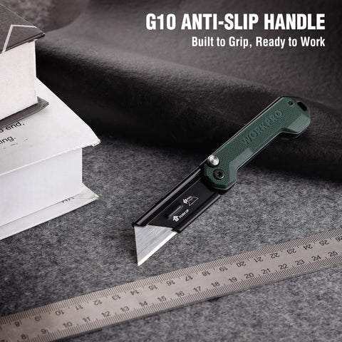 WORKPRO folding knife showing axis lock for safe one-handed operation.
