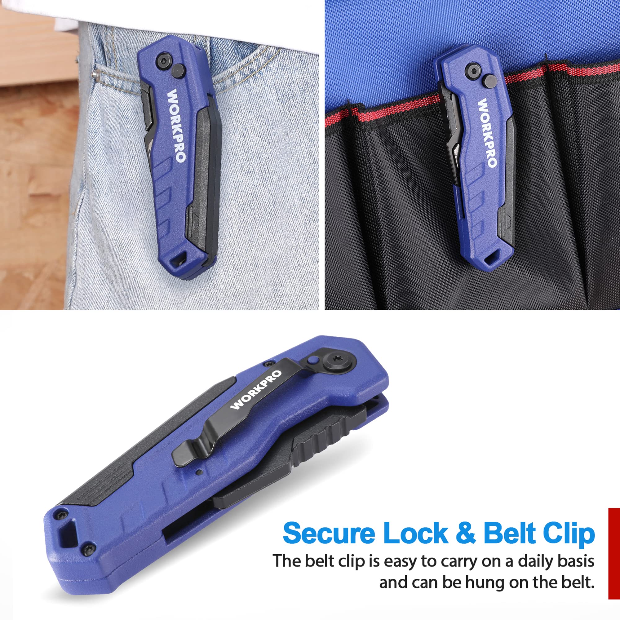 WORKPRO back clip enables easy carry on belts or bags.