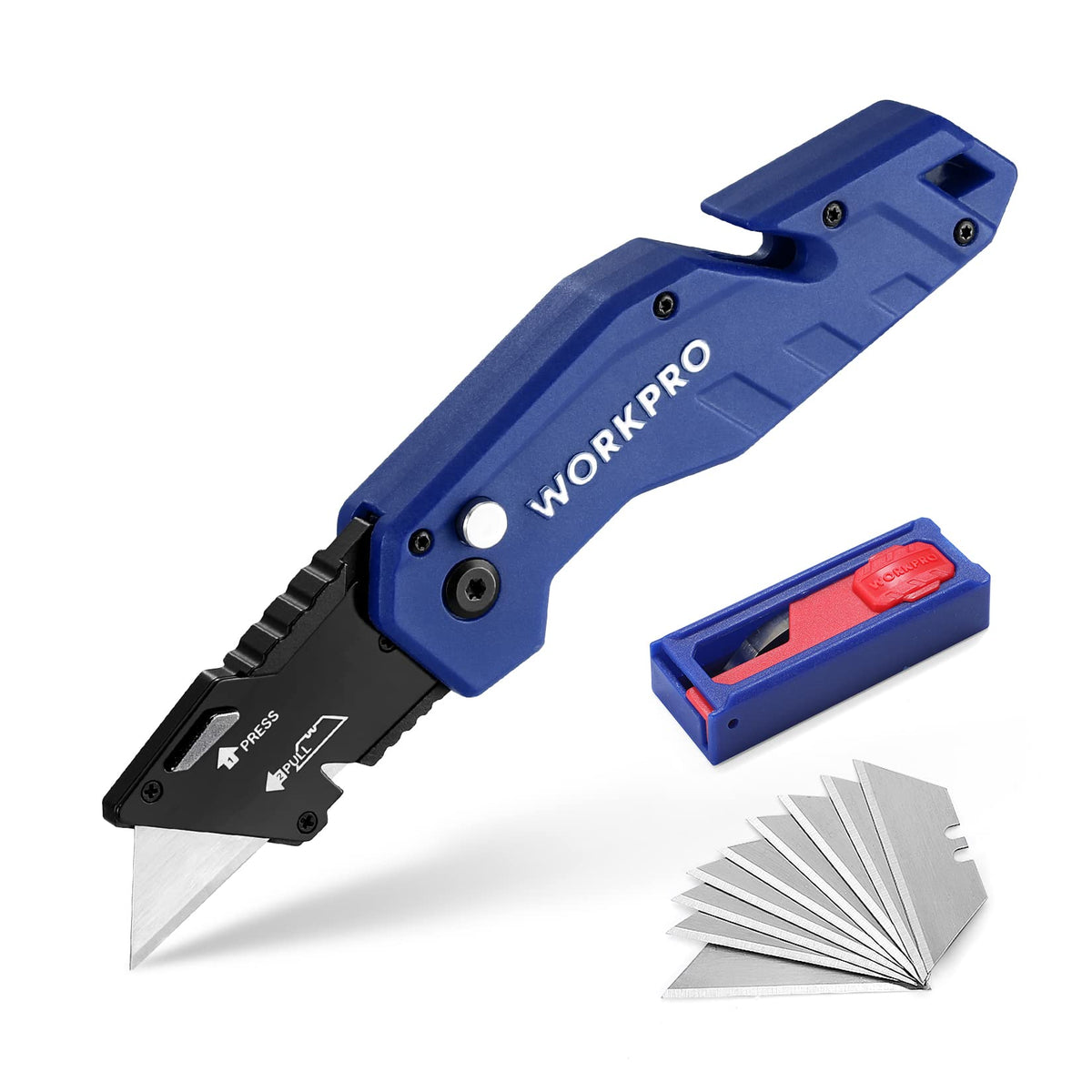 WORKPRO folding knife close-up with belt clip showing quick access for one-handed use.