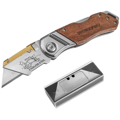WORKPRO folding knife with belt clip enables on-the-go tasks.